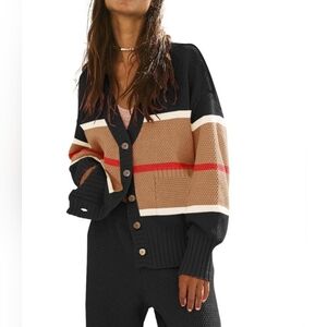 Black & Tan Striped Knit Cardigan Button Front Cozy Sweater Women SIZE S NWT